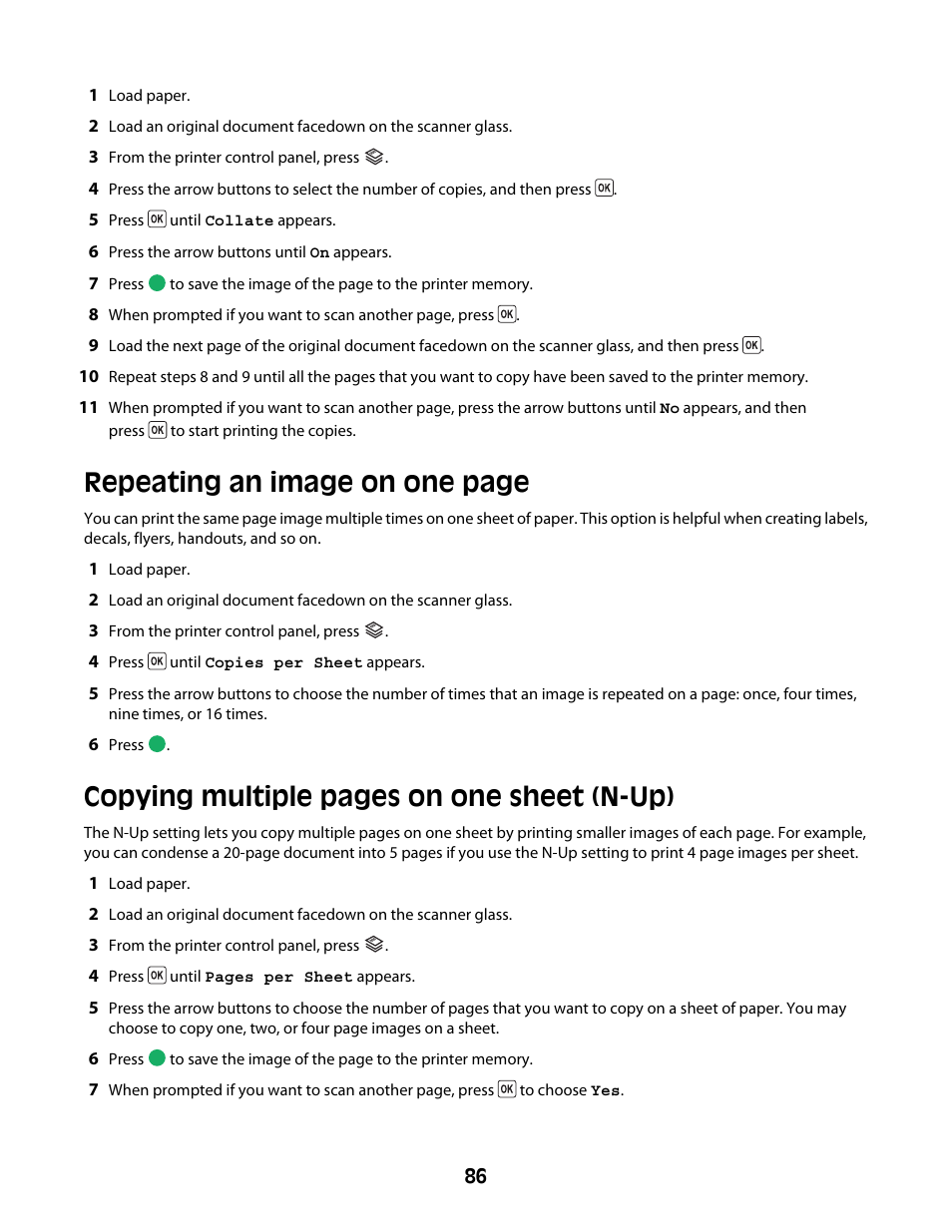 Repeating an image on one page, Copying multiple pages on one sheet (n-up) | Lexmark 4600 Series User Manual | Page 86 / 144