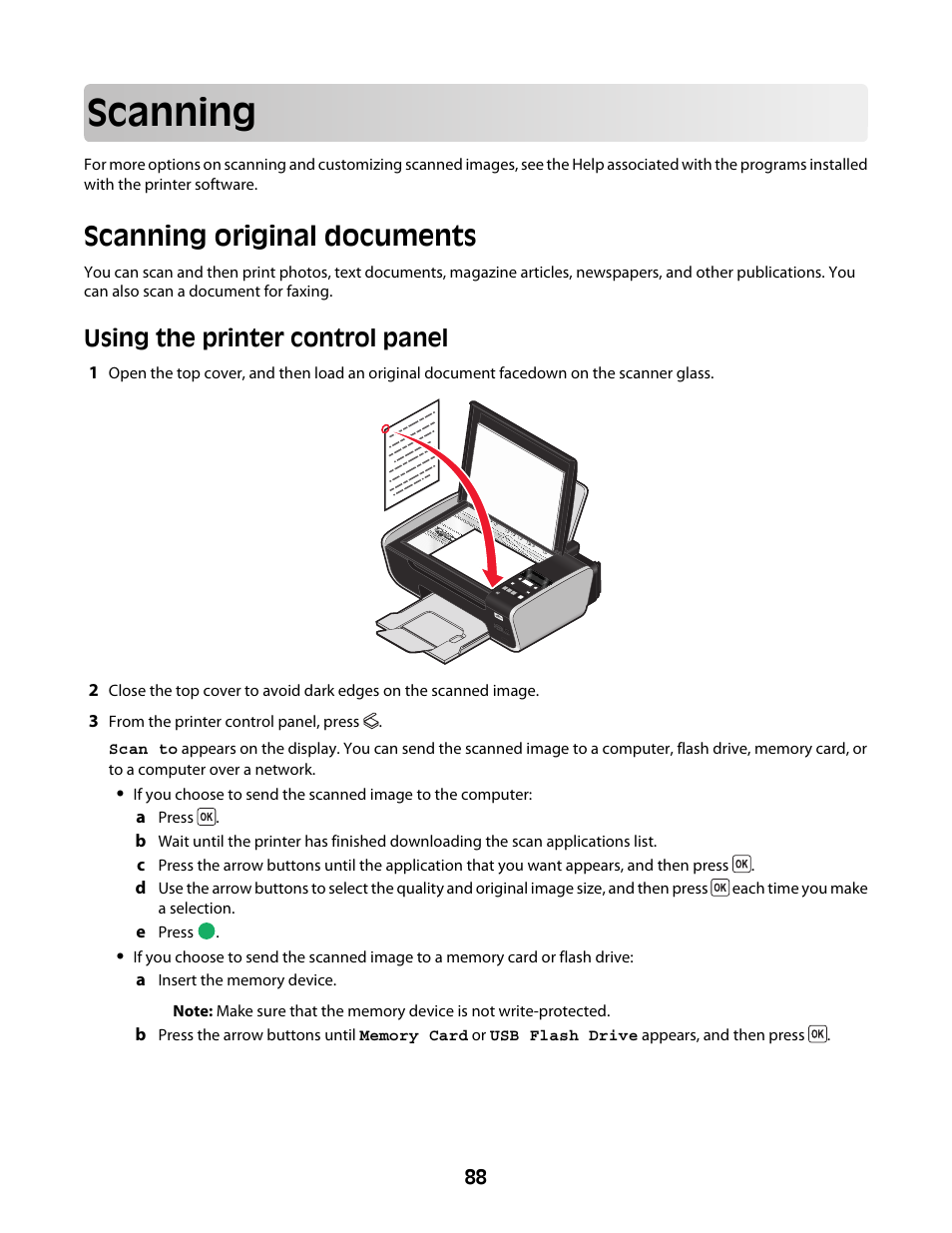 Scanning, Scanning original documents, Using the printer control panel | Lexmark 4600 Series User Manual | Page 88 / 144