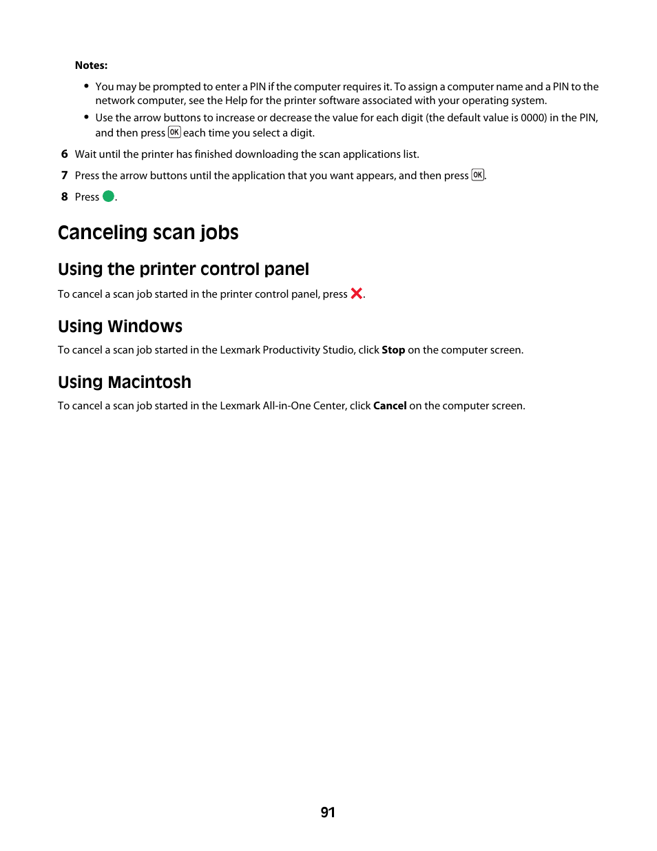 Canceling scan jobs, Using the printer control panel, Using windows | Using macintosh | Lexmark 4600 Series User Manual | Page 91 / 144