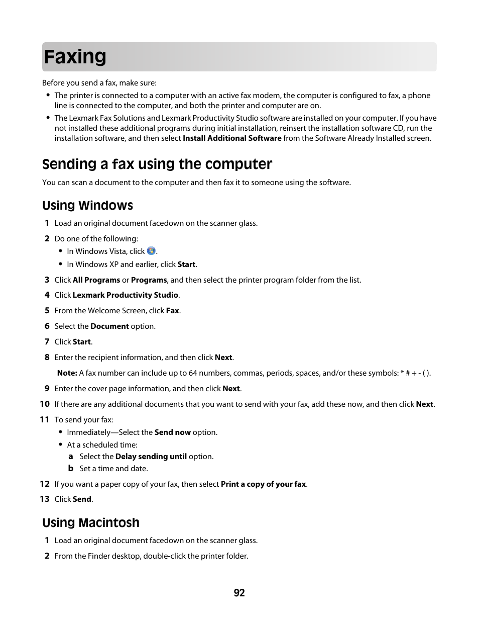 Faxing, Sending a fax using the computer, Using windows | Using macintosh | Lexmark 4600 Series User Manual | Page 92 / 144