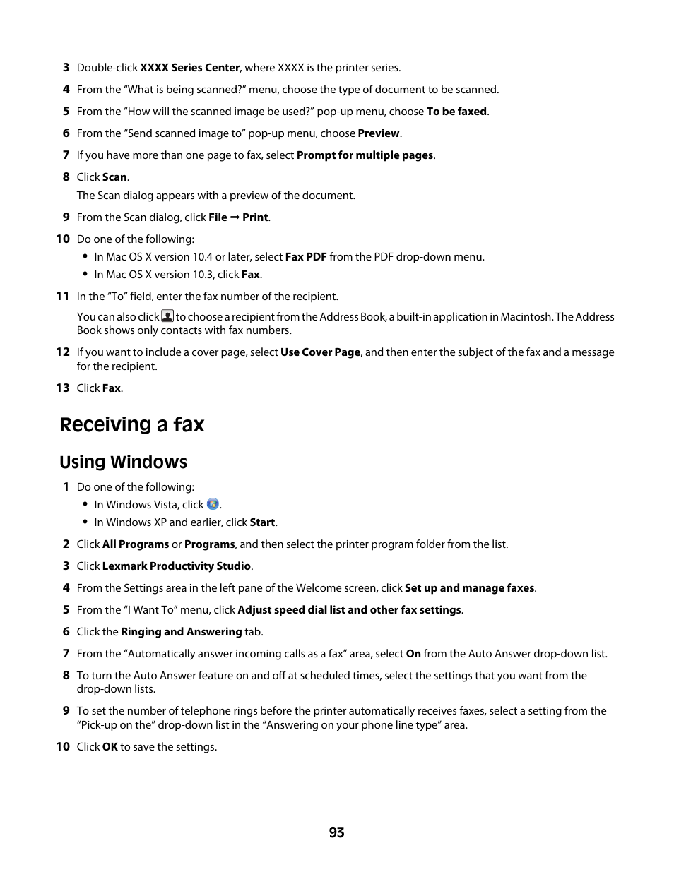 Receiving a fax, Using windows | Lexmark 4600 Series User Manual | Page 93 / 144