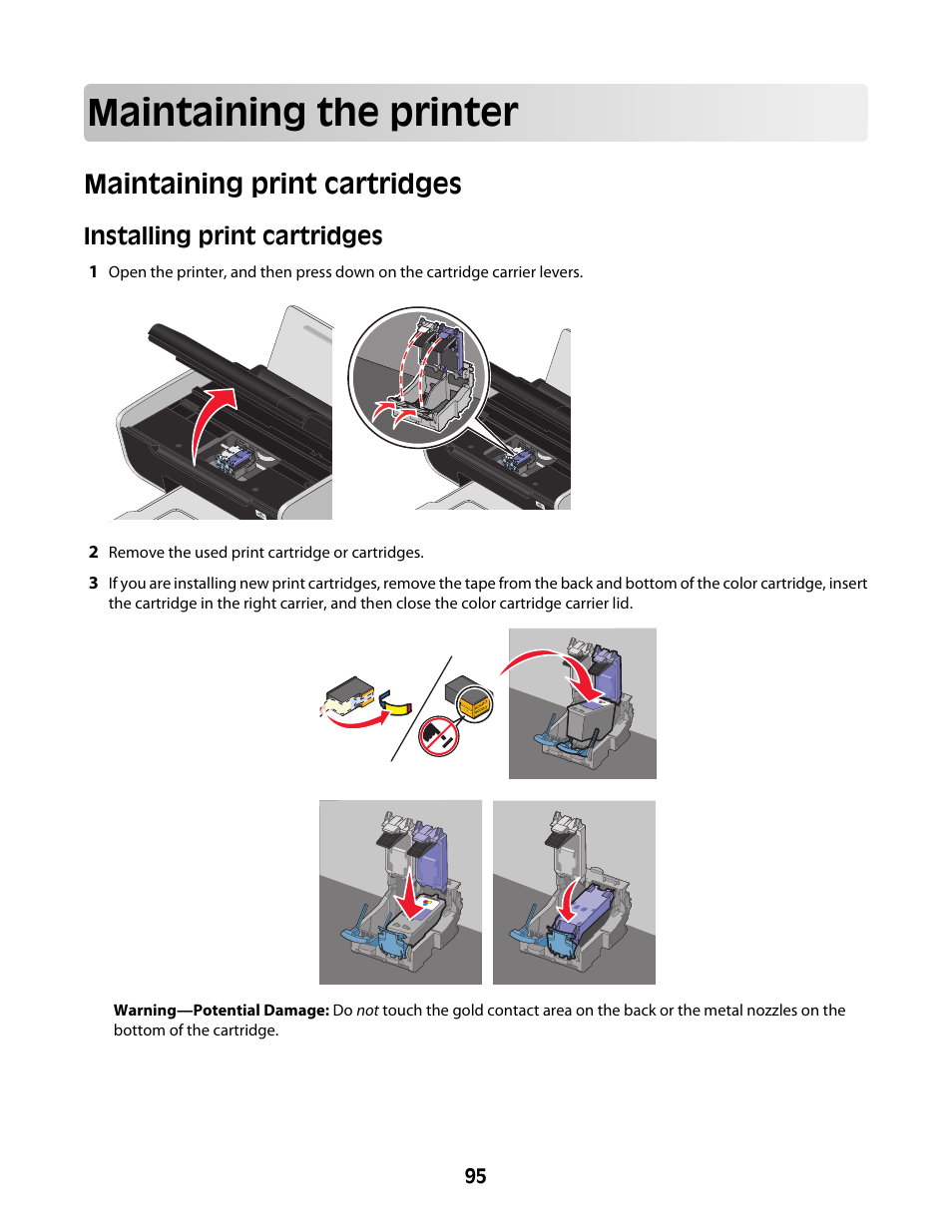 Maintaining the printer, Maintaining print cartridges, Installing print cartridges | Lexmark 4600 Series User Manual | Page 95 / 144