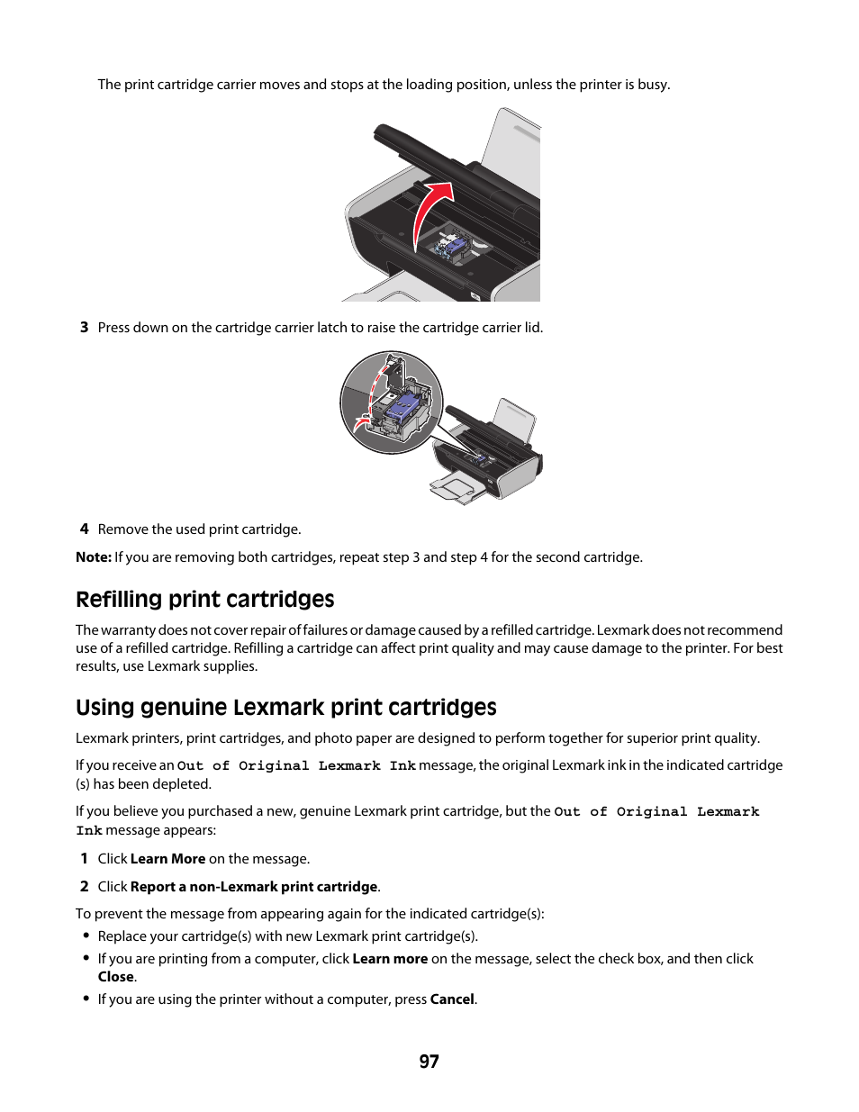 Refilling print cartridges, Using genuine lexmark print cartridges | Lexmark 4600 Series User Manual | Page 97 / 144