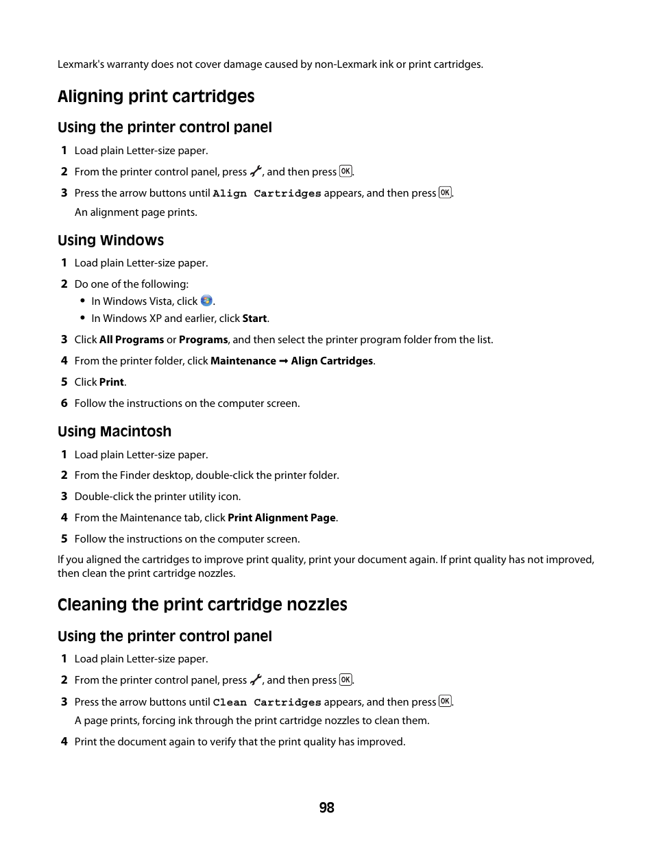 Aligning print cartridges, Cleaning the print cartridge nozzles | Lexmark 4600 Series User Manual | Page 98 / 144