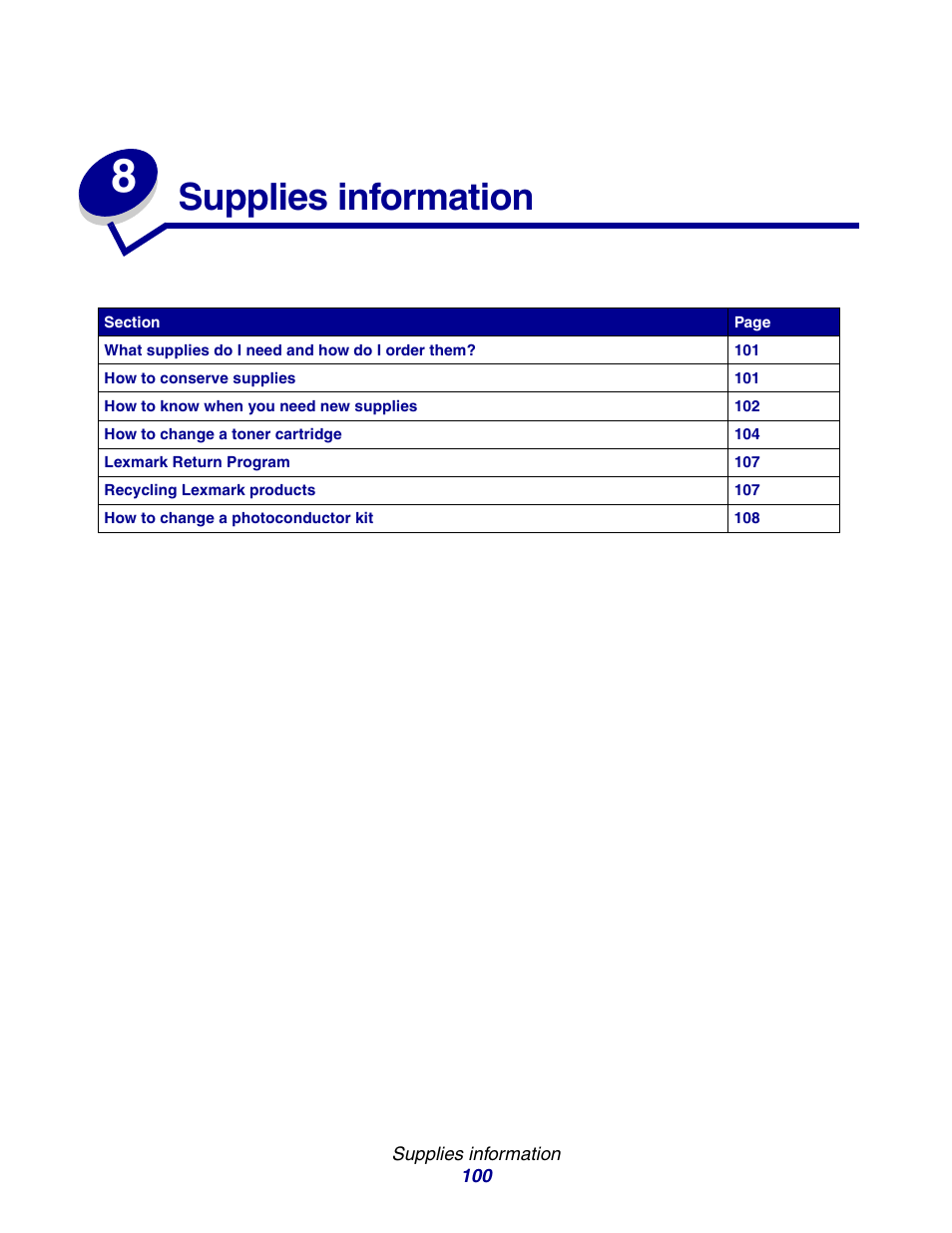 Supplies information, Chapter 8: supplies information | Lexmark E234 User Manual | Page 100 / 123