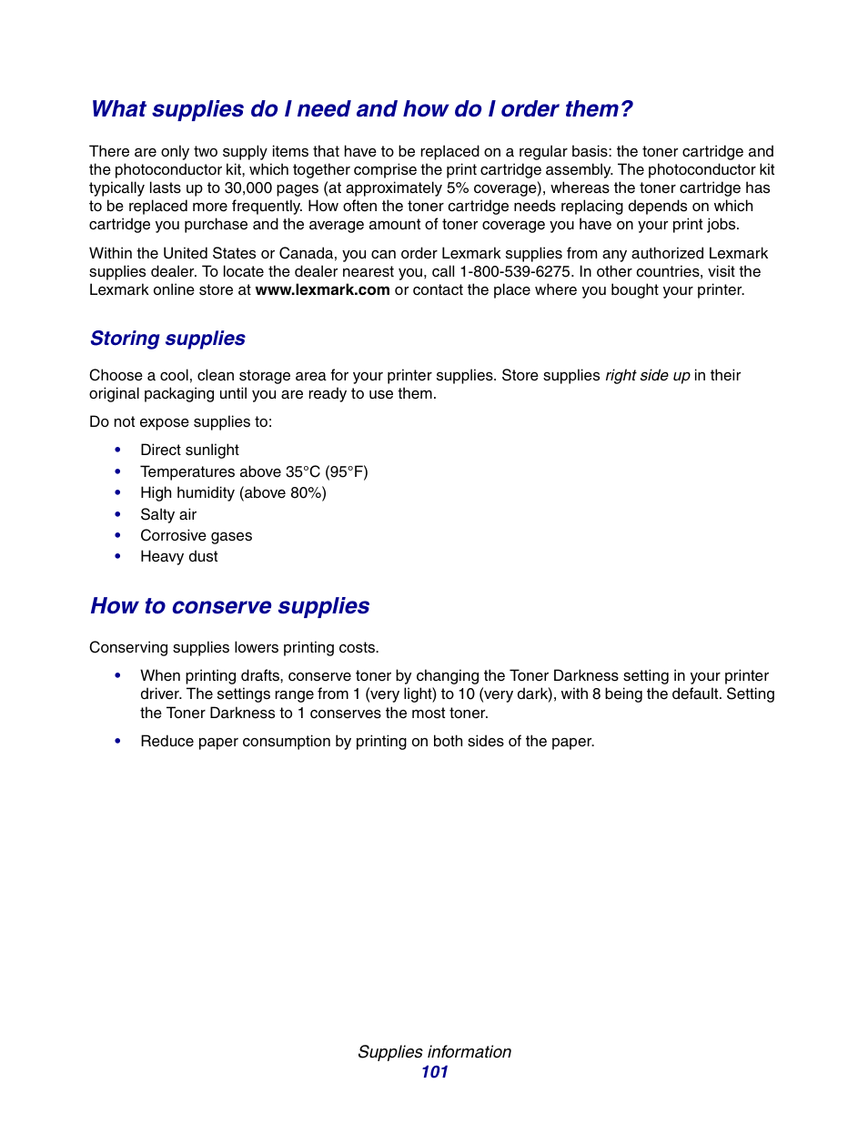 What supplies do i need and how do i order them, How to conserve supplies, Storing supplies | Lexmark E234 User Manual | Page 101 / 123