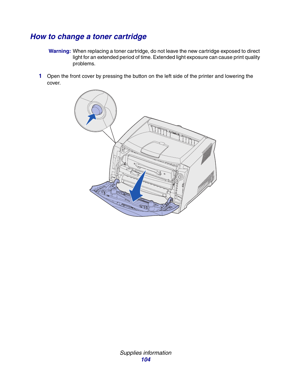 How to change a toner cartridge, How to change a toner, How to change a toner cartridge” on | Lexmark E234 User Manual | Page 104 / 123