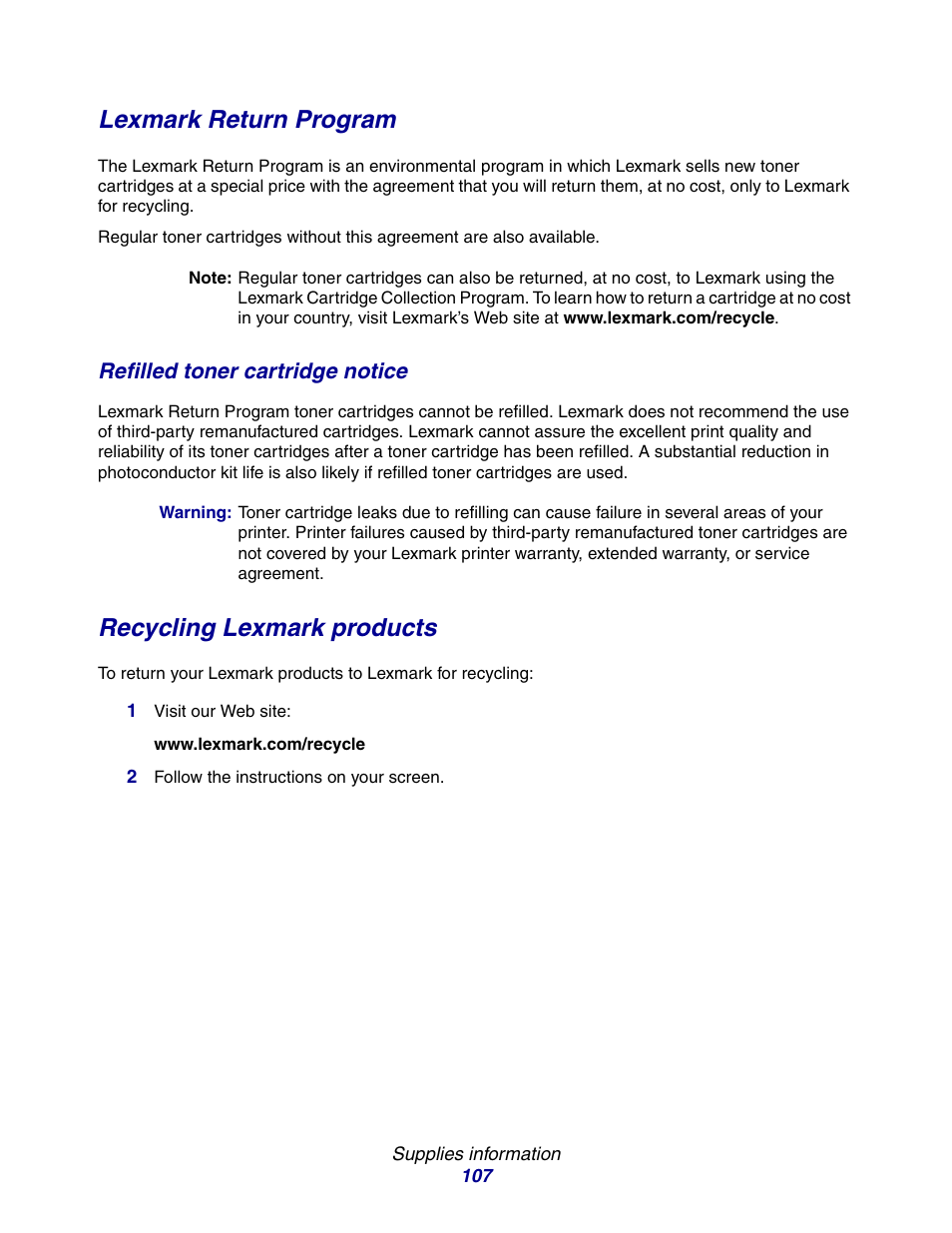 Lexmark return program, Recycling lexmark products, Refilled toner cartridge notice | Lexmark E234 User Manual | Page 107 / 123