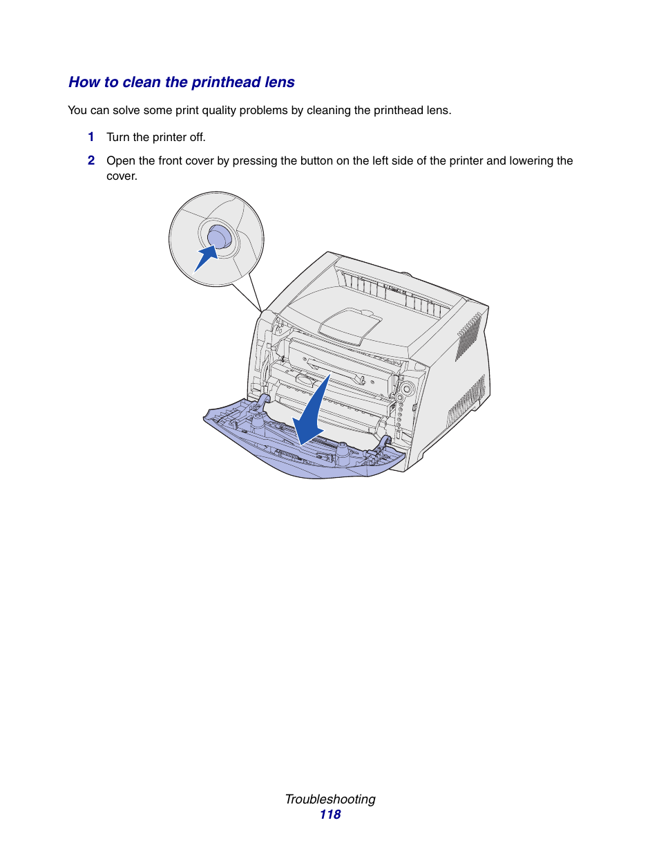 How to clean the printhead lens, How to clean the | Lexmark E234 User Manual | Page 118 / 123