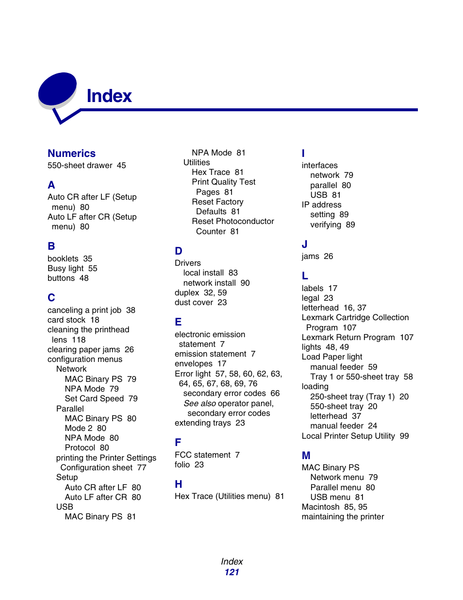 Index | Lexmark E234 User Manual | Page 121 / 123