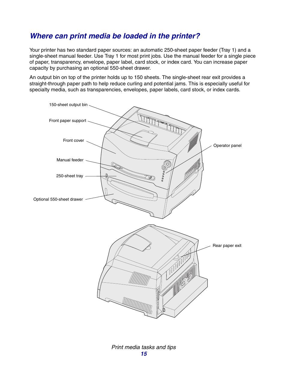 Where can print media be loaded in the printer | Lexmark E234 User Manual | Page 15 / 123