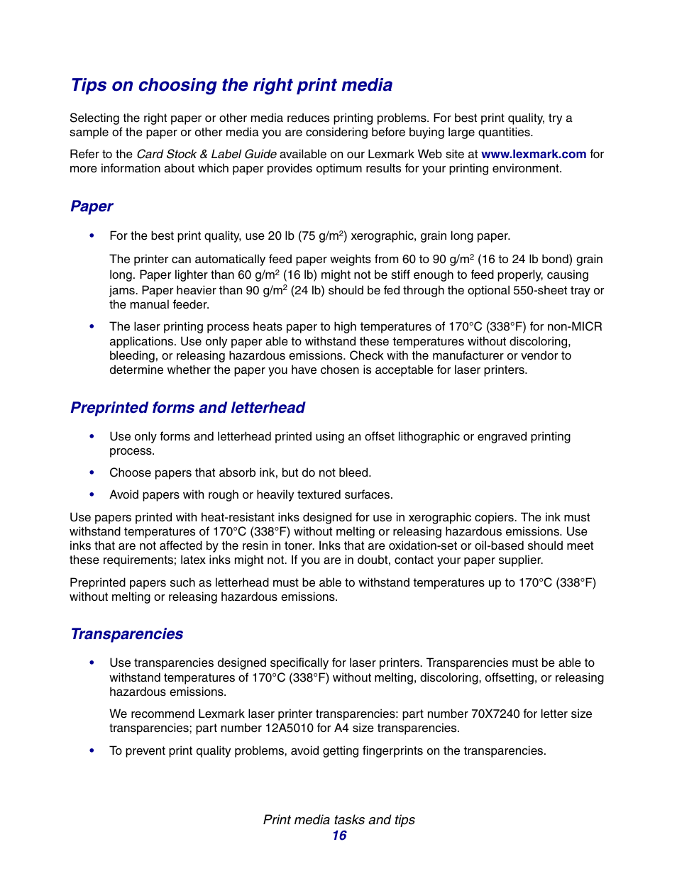 Tips on choosing the right print media, Paper, Preprinted forms and letterhead | Transparencies | Lexmark E234 User Manual | Page 16 / 123