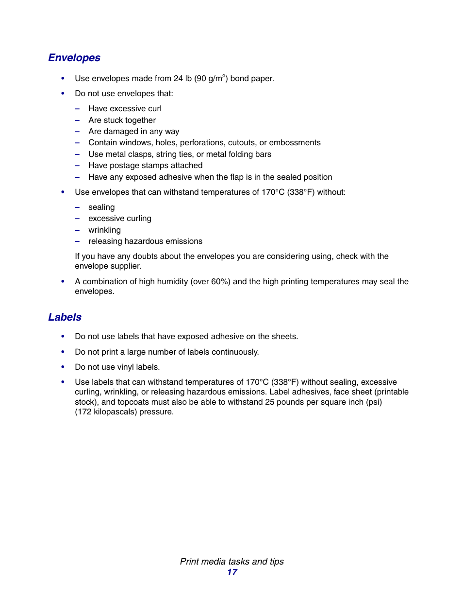 Envelopes labels, Envelopes, Labels | Lexmark E234 User Manual | Page 17 / 123