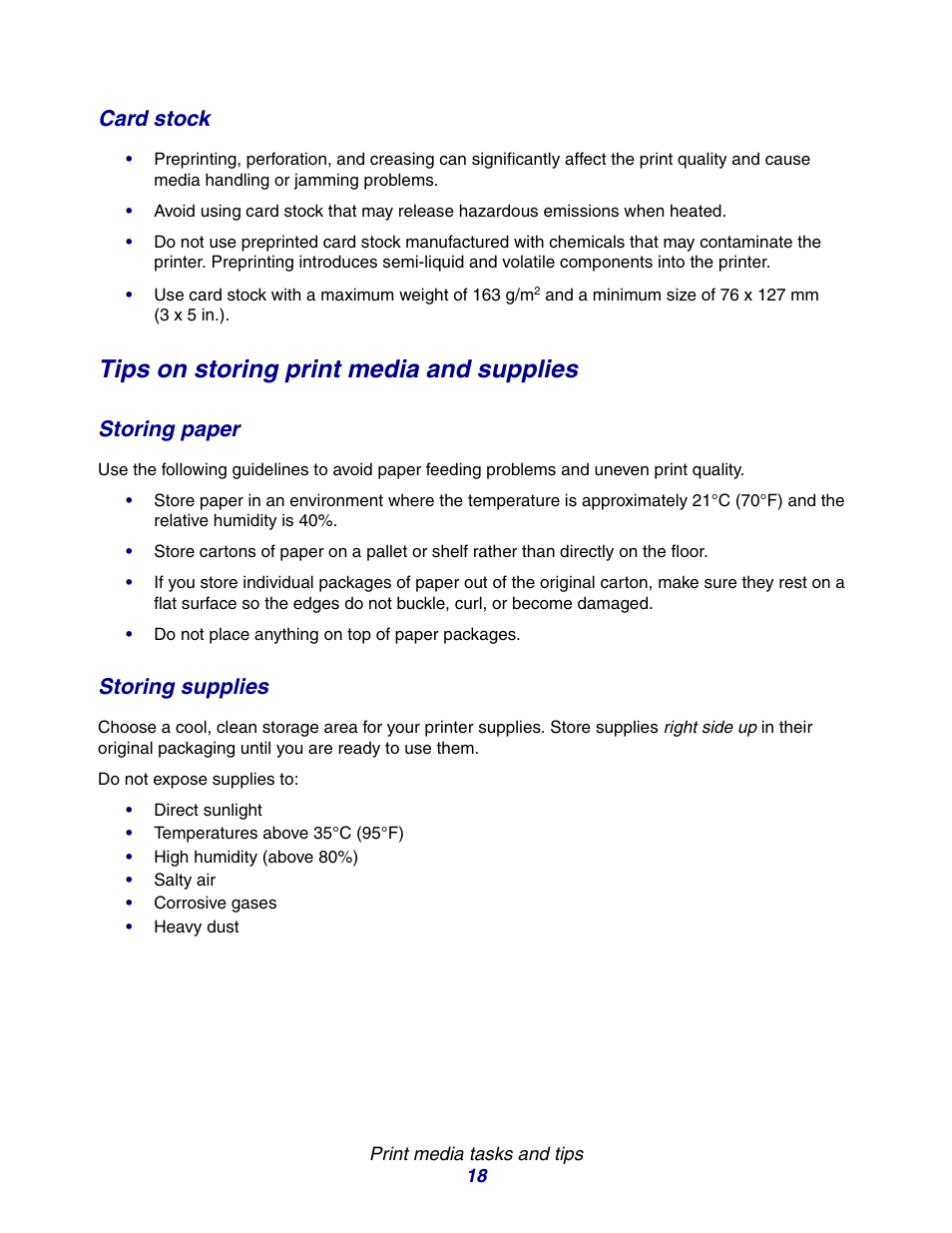 Tips on storing print media and supplies, Card stock, Storing paper storing supplies | Storing paper, Storing supplies | Lexmark E234 User Manual | Page 18 / 123