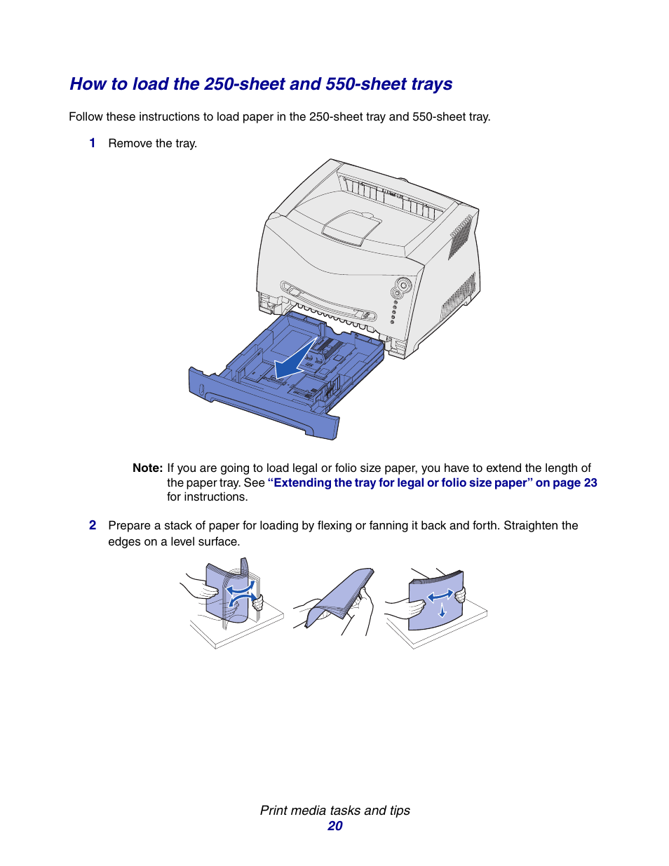 How to load the 250-sheet and 550-sheet trays | Lexmark E234 User Manual | Page 20 / 123