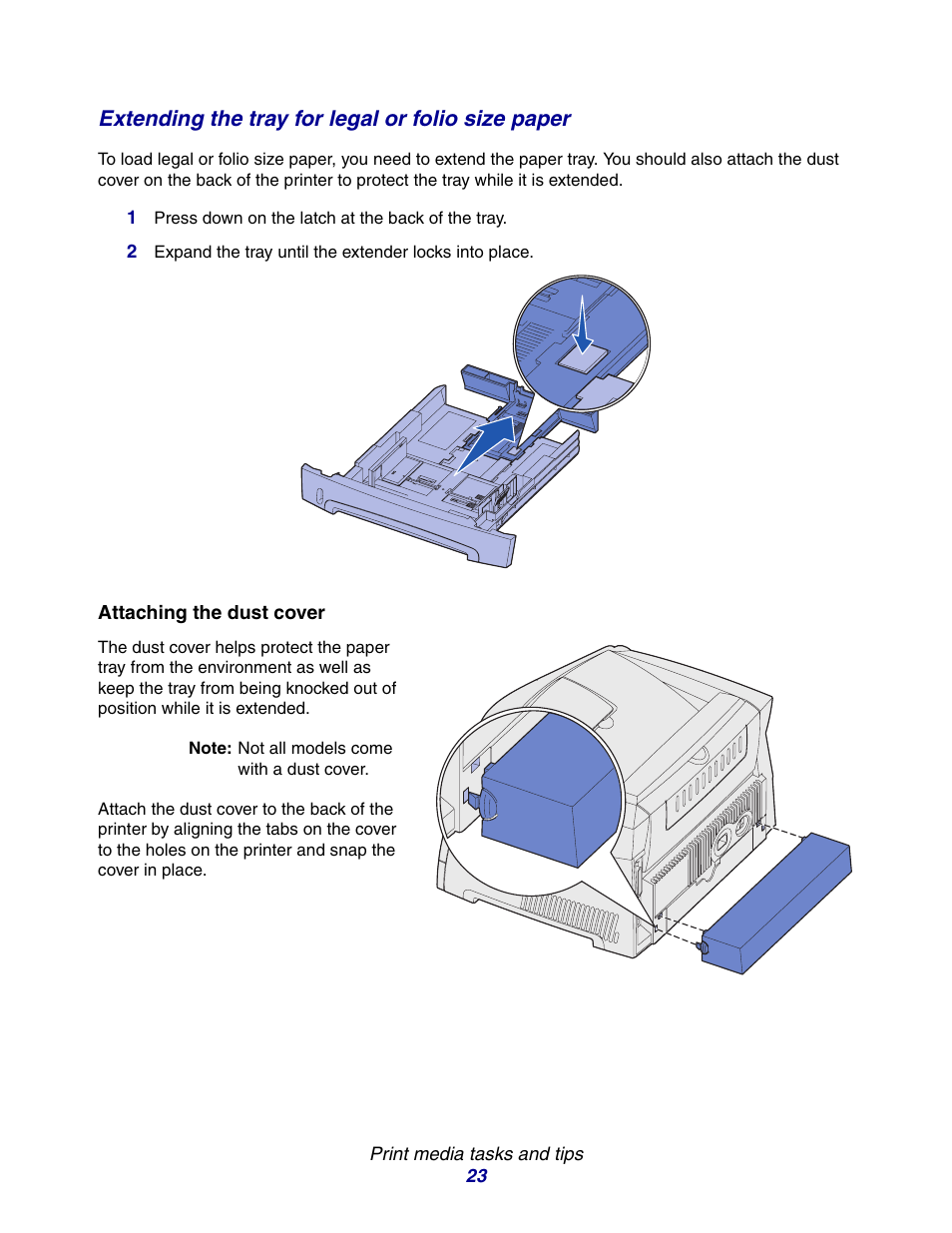 Extending the tray for legal or folio size paper | Lexmark E234 User Manual | Page 23 / 123