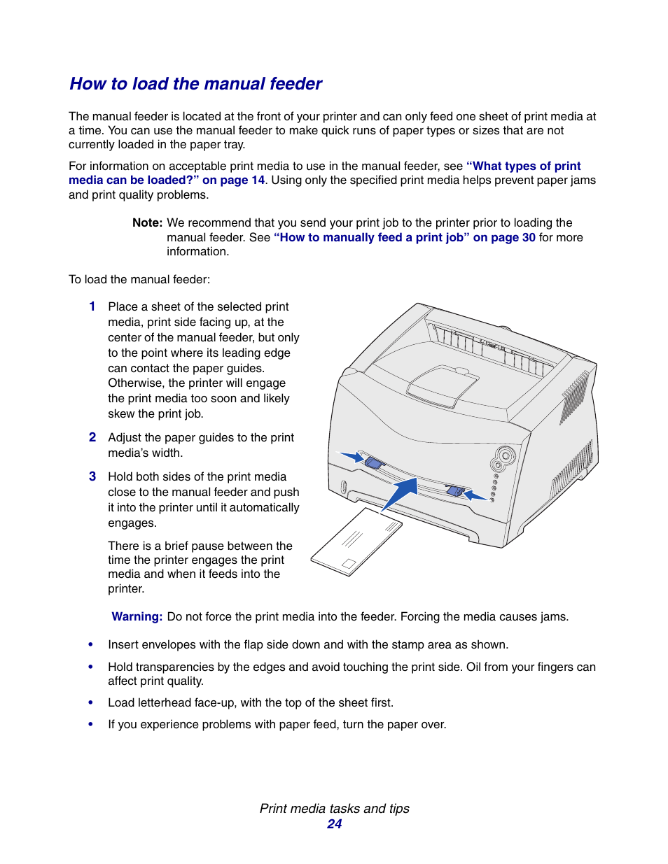 How to load the manual feeder | Lexmark E234 User Manual | Page 24 / 123