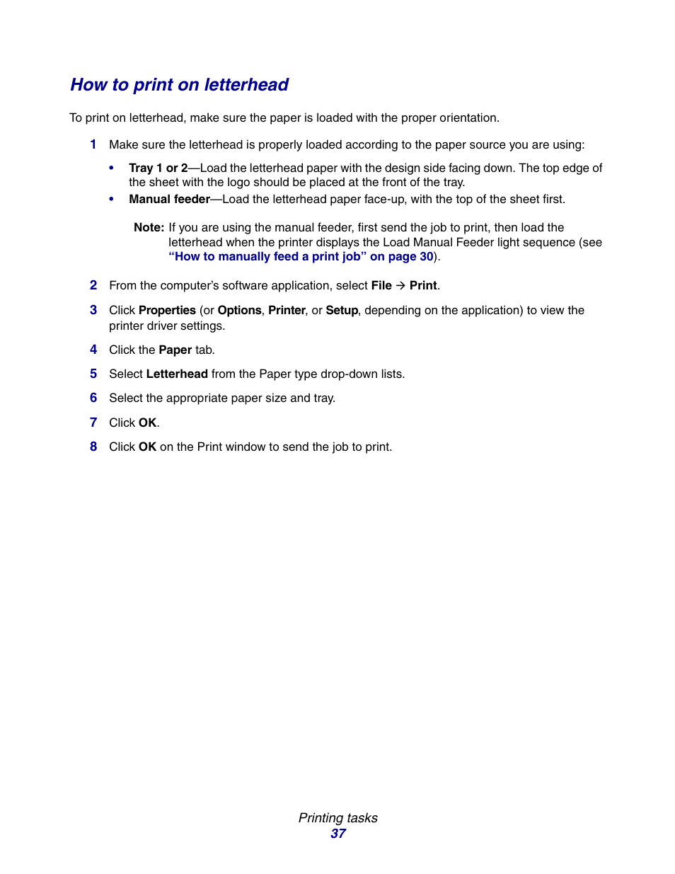 How to print on letterhead | Lexmark E234 User Manual | Page 37 / 123