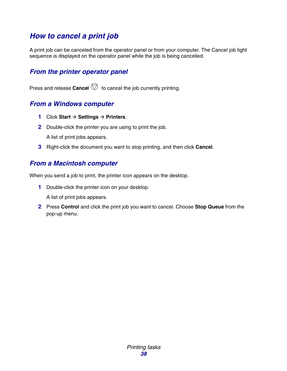 How to cancel a print job | Lexmark E234 User Manual | Page 38 / 123