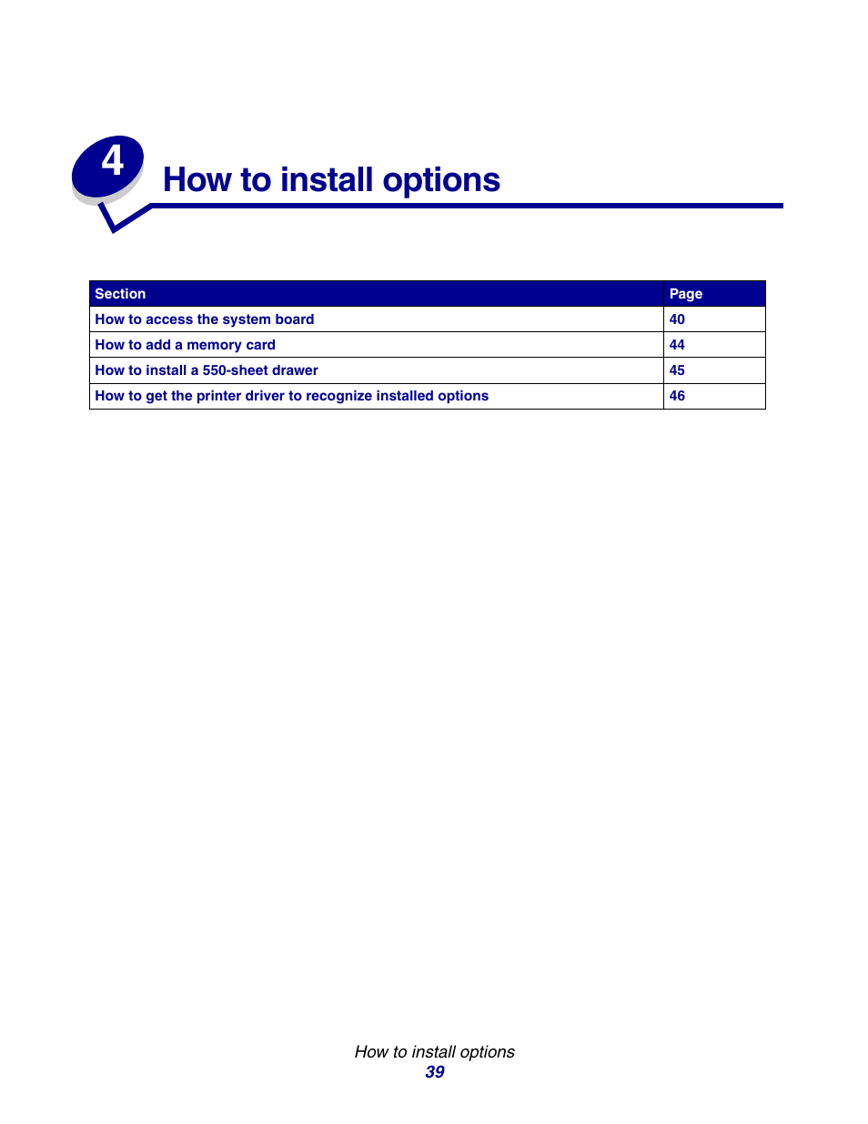 How to install options, Chapter 4: how to install options | Lexmark E234 User Manual | Page 39 / 123