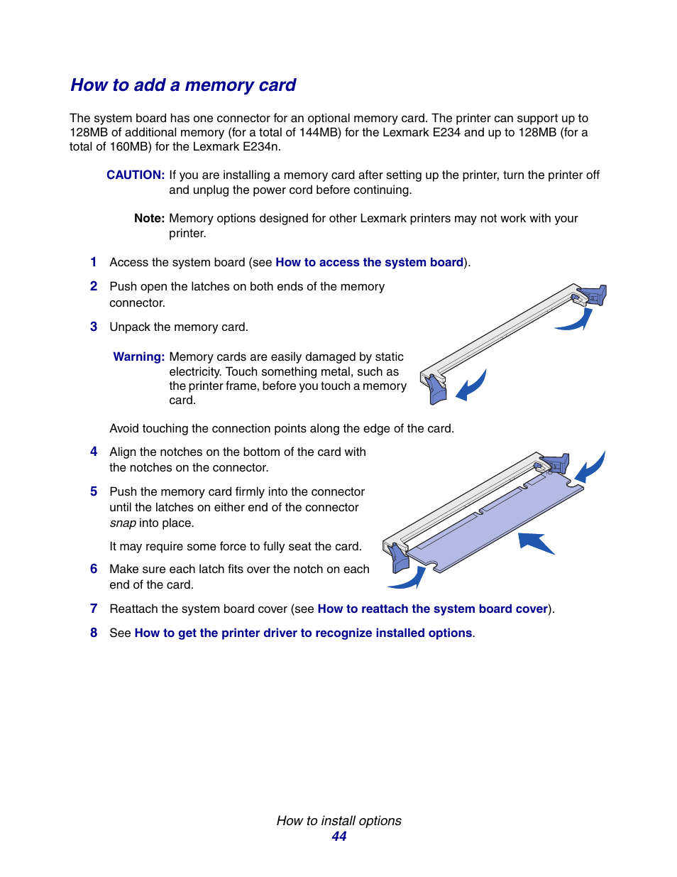 How to add a memory card | Lexmark E234 User Manual | Page 44 / 123