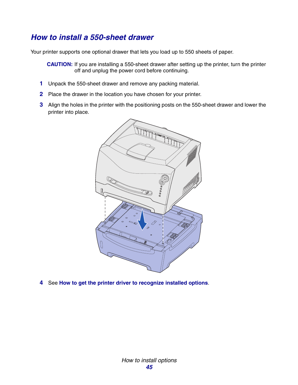 How to install a 550-sheet drawer | Lexmark E234 User Manual | Page 45 / 123