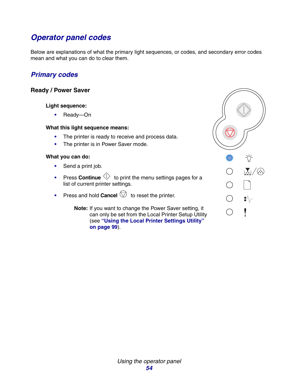 Operator panel codes, Primary codes | Lexmark E234 User Manual | Page 54 / 123