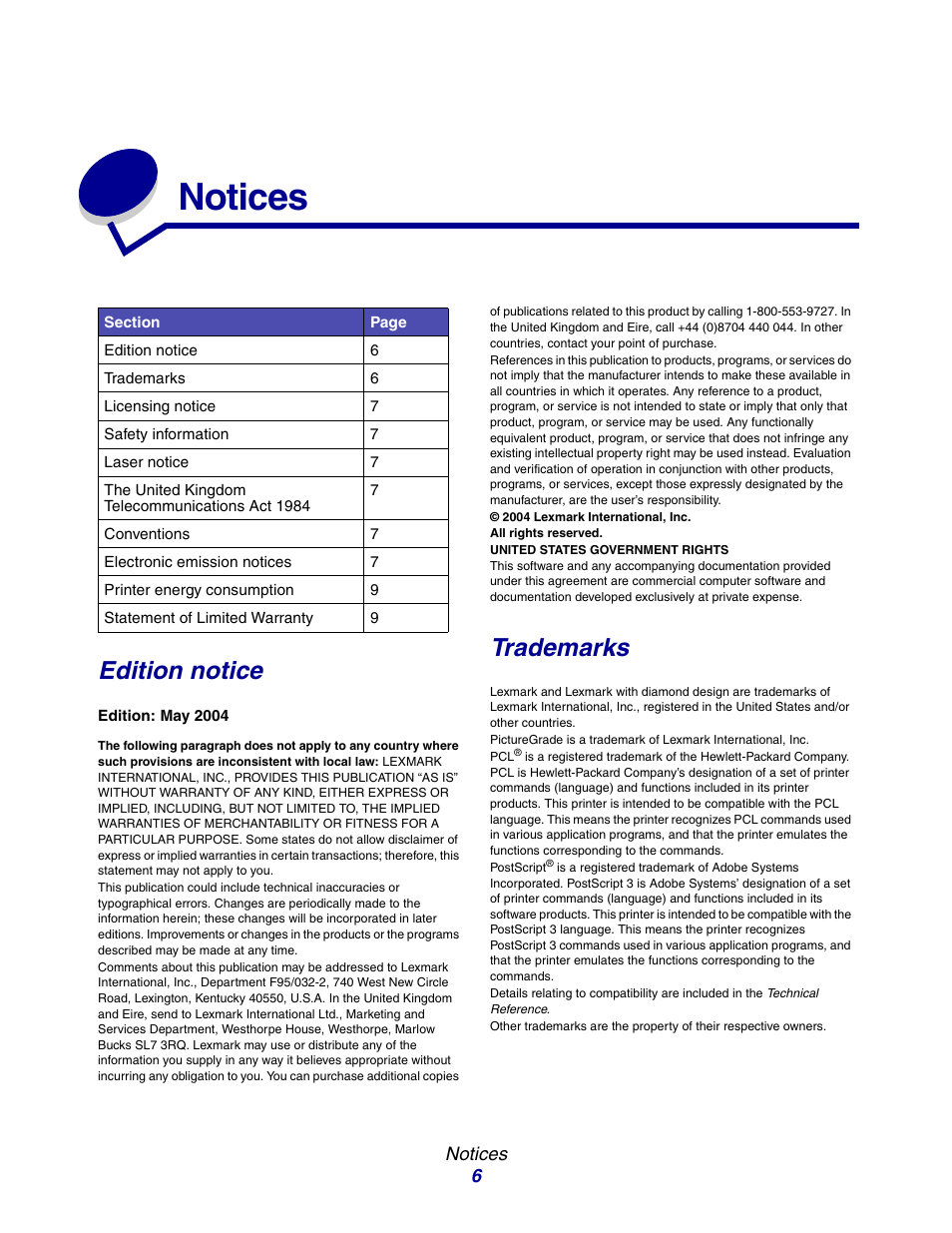 Notices, Edition notice, Trademarks | Lexmark E234 User Manual | Page 6 / 123