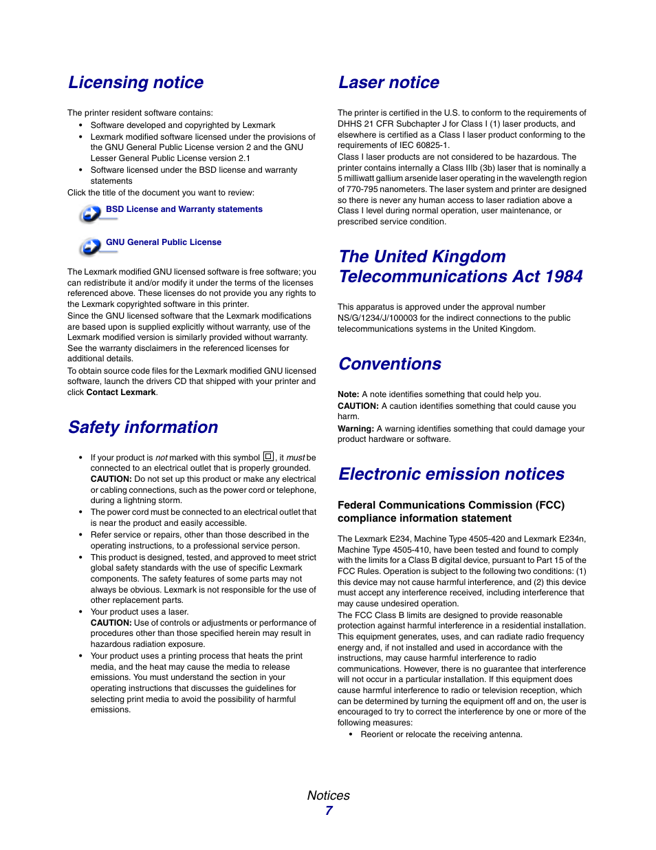 Licensing notice, Safety information, Laser notice | The united kingdom telecommunications act 1984, Conventions, Electronic emission notices, Notices 7 | Lexmark E234 User Manual | Page 7 / 123