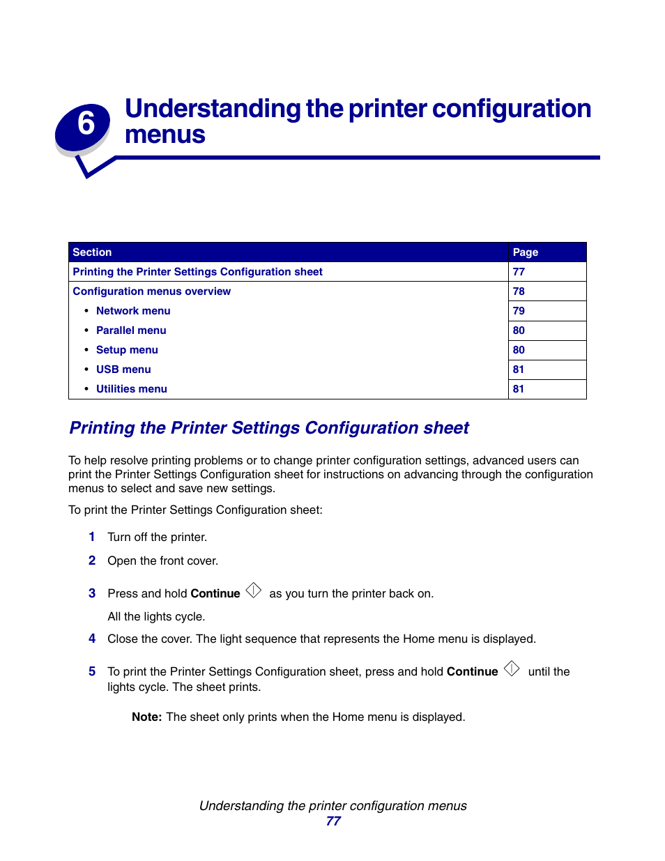 Understanding the printer configuration menus, Printing the printer settings configuration sheet | Lexmark E234 User Manual | Page 77 / 123