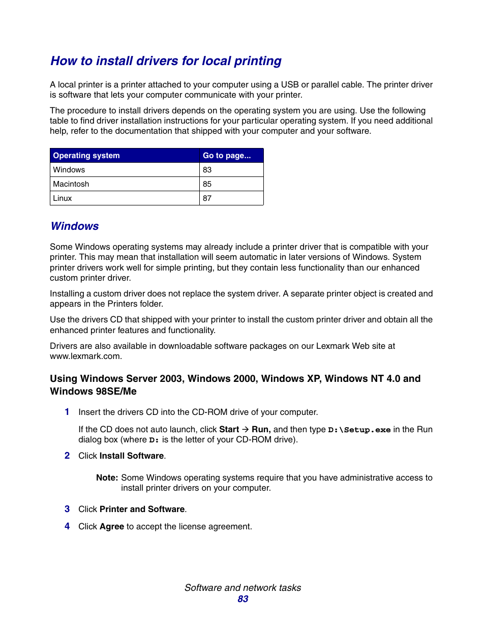 How to install drivers for local printing, Windows | Lexmark E234 User Manual | Page 83 / 123