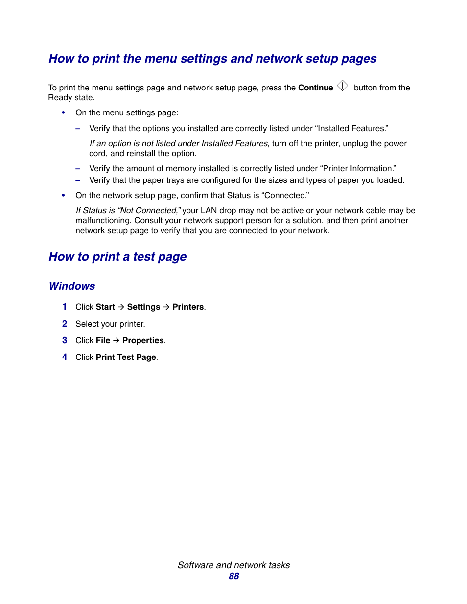 Windows, How to print a test page | Lexmark E234 User Manual | Page 88 / 123