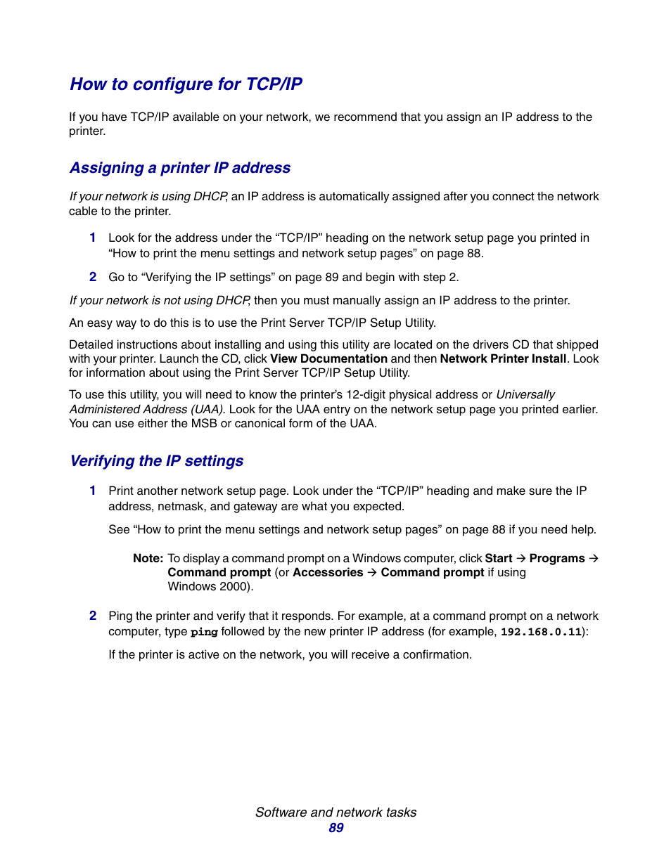 How to configure for tcp/ip, Assigning a printer ip address, Verifying the ip settings | Lexmark E234 User Manual | Page 89 / 123