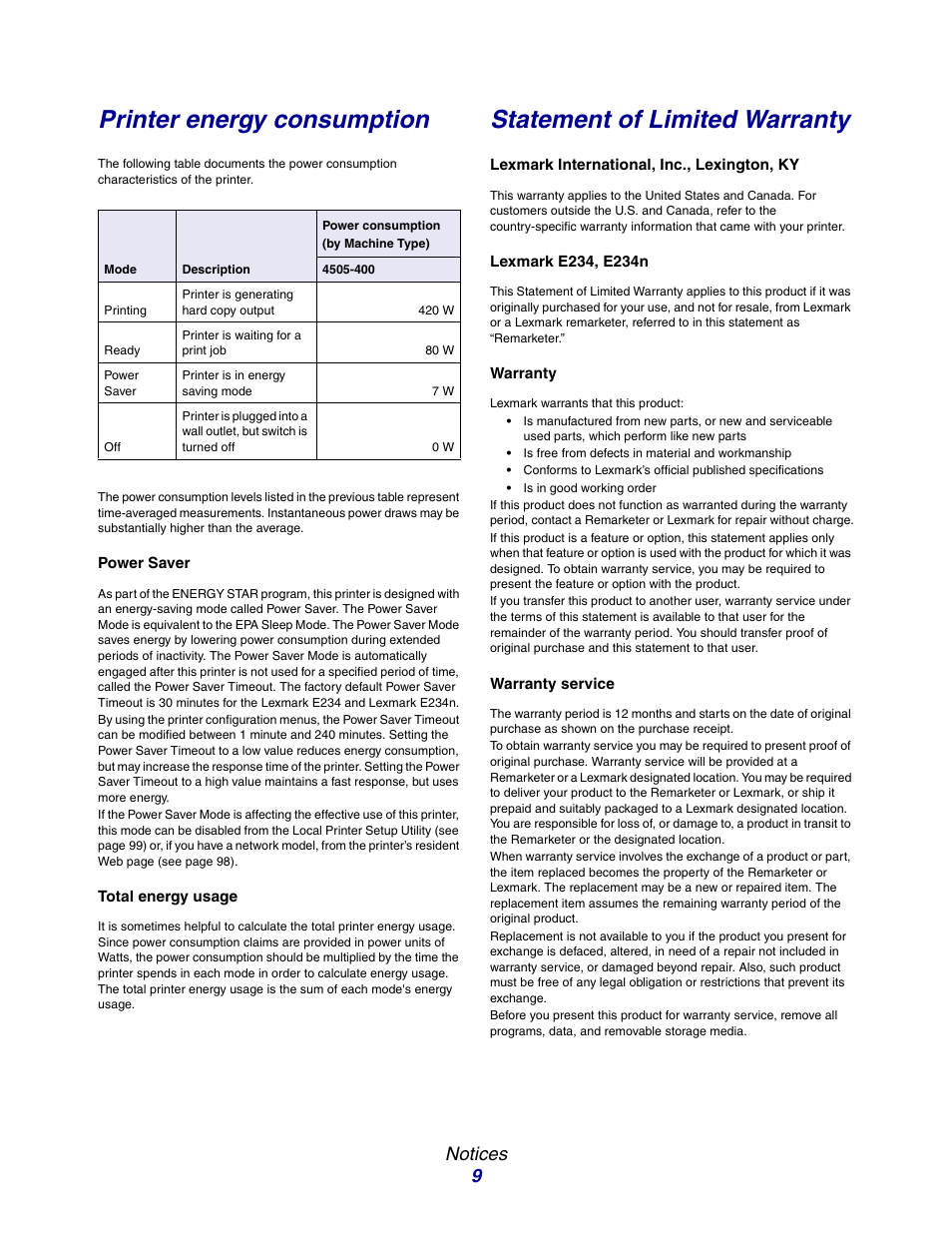 Printer energy consumption, Statement of limited warranty, Notices 9 | Lexmark E234 User Manual | Page 9 / 123