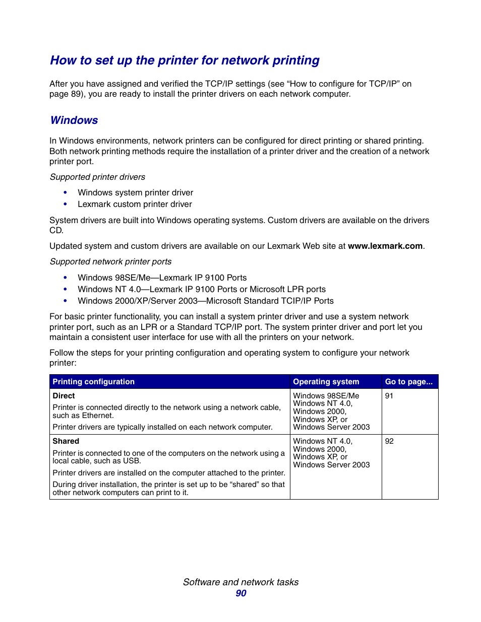 How to set up the printer for network printing, Windows | Lexmark E234 User Manual | Page 90 / 123