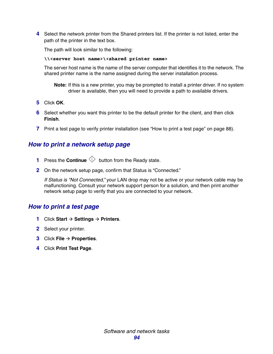How to print a network setup page, How to print a test page | Lexmark E234 User Manual | Page 94 / 123