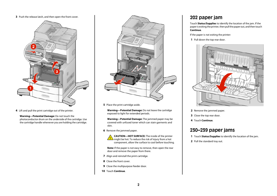 202 paper jam, 230–239 paper jams | Lexmark X65x User Manual | Page 2 / 6