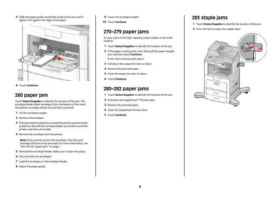 260 paper jam, 270–279 paper jams, 280–282 paper jams | 283 staple jams | Lexmark X65x User Manual | Page 4 / 6