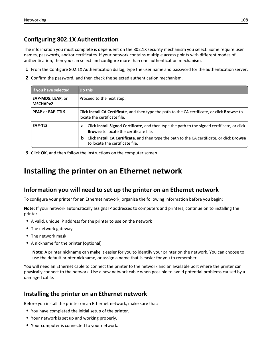 Configuring 802.1x authentication, Installing the printer on an ethernet network | Lexmark S510 User Manual | Page 108 / 189
