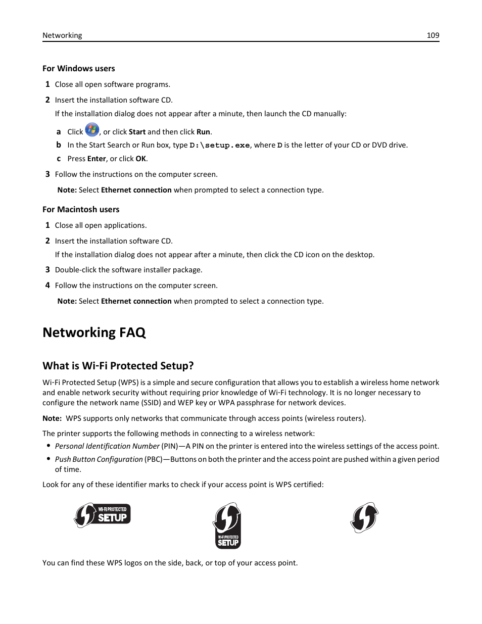 Networking faq, What is wi-fi protected setup, What is wi ‑ fi protected setup | Lexmark S510 User Manual | Page 109 / 189