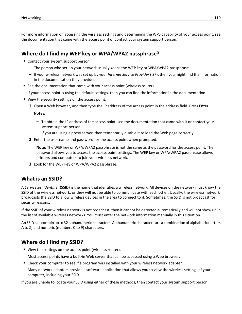 Where do i find my wep key or wpa/wpa2 passphrase, What is an ssid, Where do i find my ssid | Lexmark S510 User Manual | Page 110 / 189