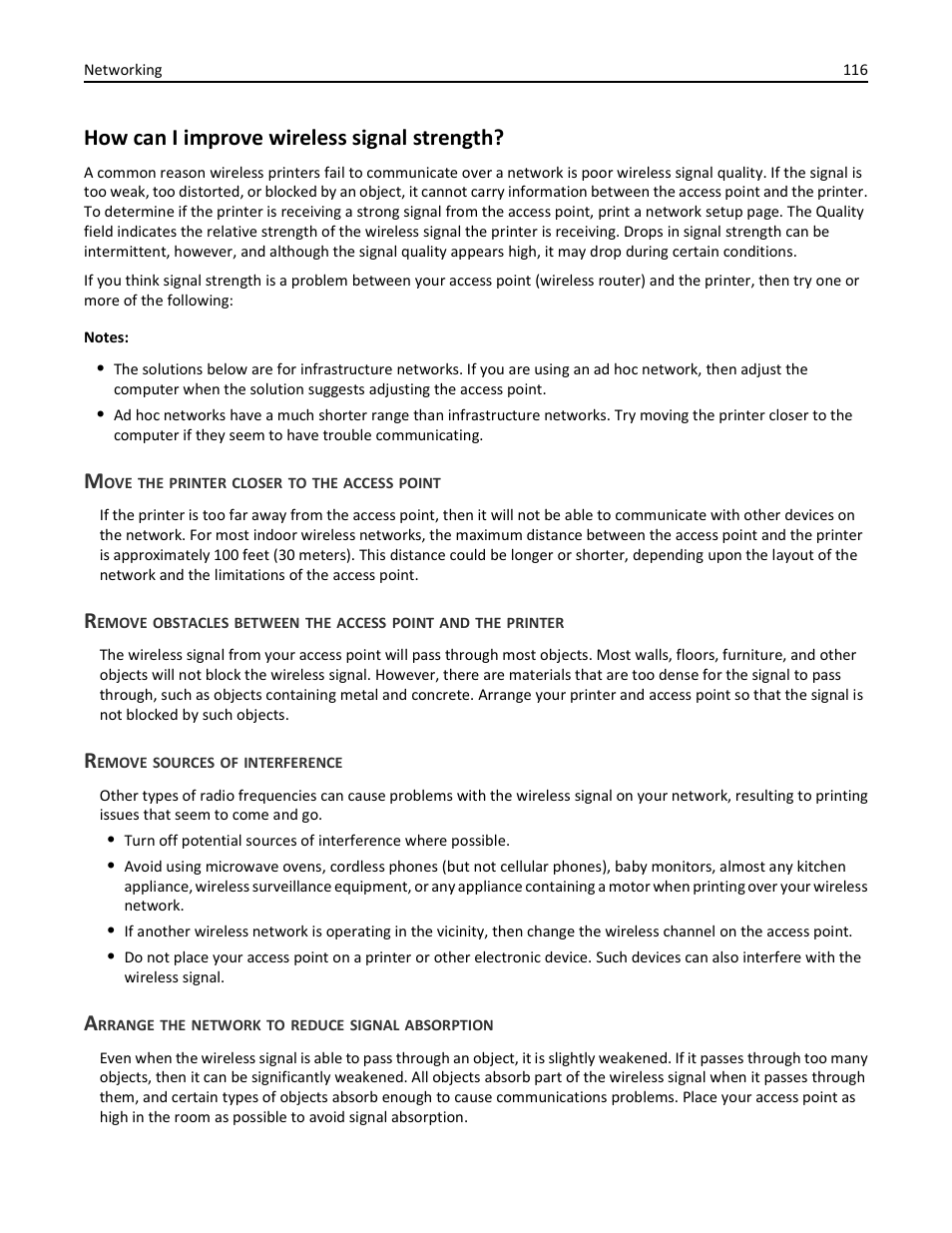 How can i improve wireless signal strength, Move the printer closer to the access point, Remove sources of interference | Arrange the network to reduce signal absorption | Lexmark S510 User Manual | Page 116 / 189