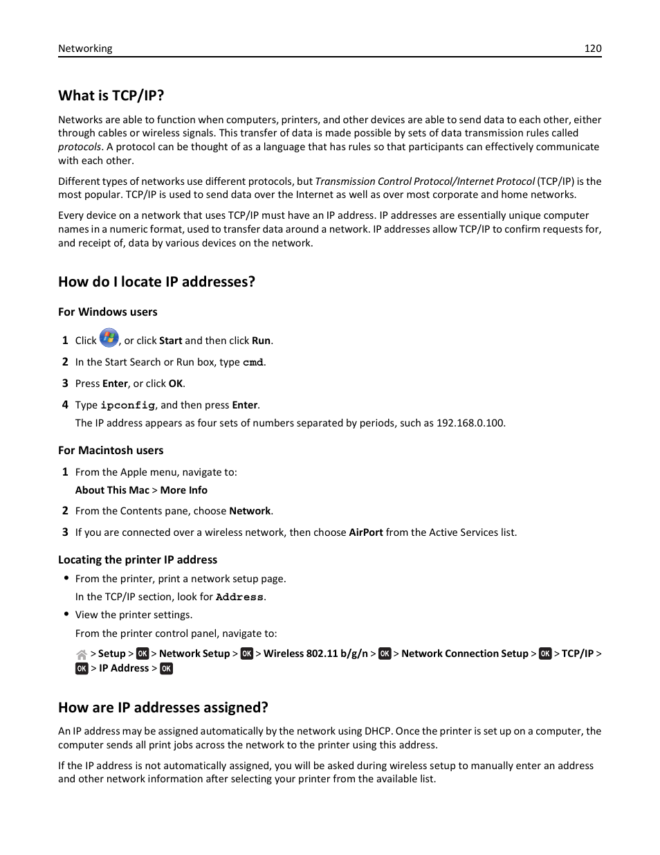 What is tcp/ip, How do i locate ip addresses, How are ip addresses assigned | Lexmark S510 User Manual | Page 120 / 189