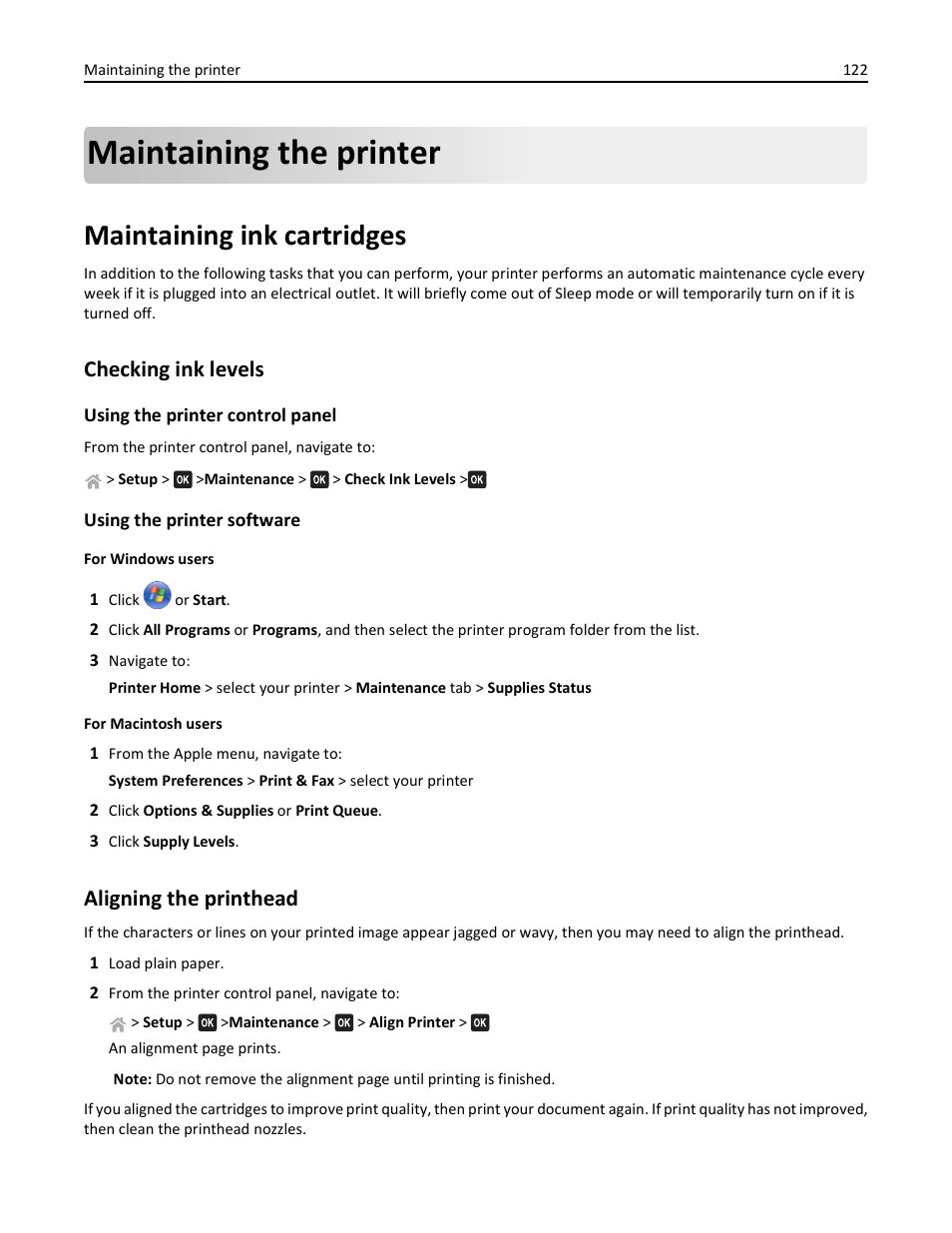 Maintaining the printer, Maintaining ink cartridges, Checking ink levels | Aligning the printhead | Lexmark S510 User Manual | Page 122 / 189