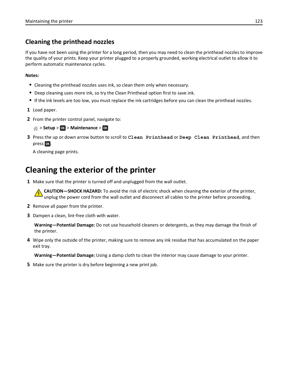 Cleaning the printhead nozzles, Cleaning the exterior of the printer | Lexmark S510 User Manual | Page 123 / 189