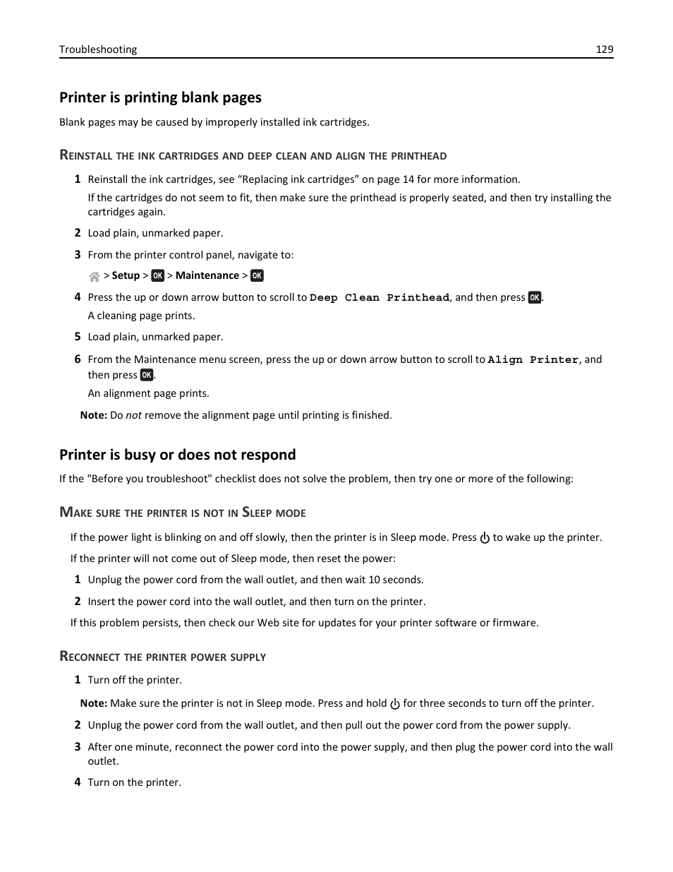 Printer is busy or does not respond, Make sure the printer is not in sleep mode, Reconnect the printer power supply | Printer is printing blank pages | Lexmark S510 User Manual | Page 129 / 189