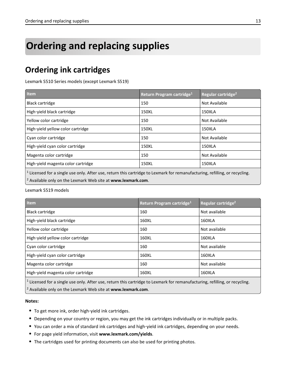 Ordering and replacing supplies, Ordering ink cartridges | Lexmark S510 User Manual | Page 13 / 189
