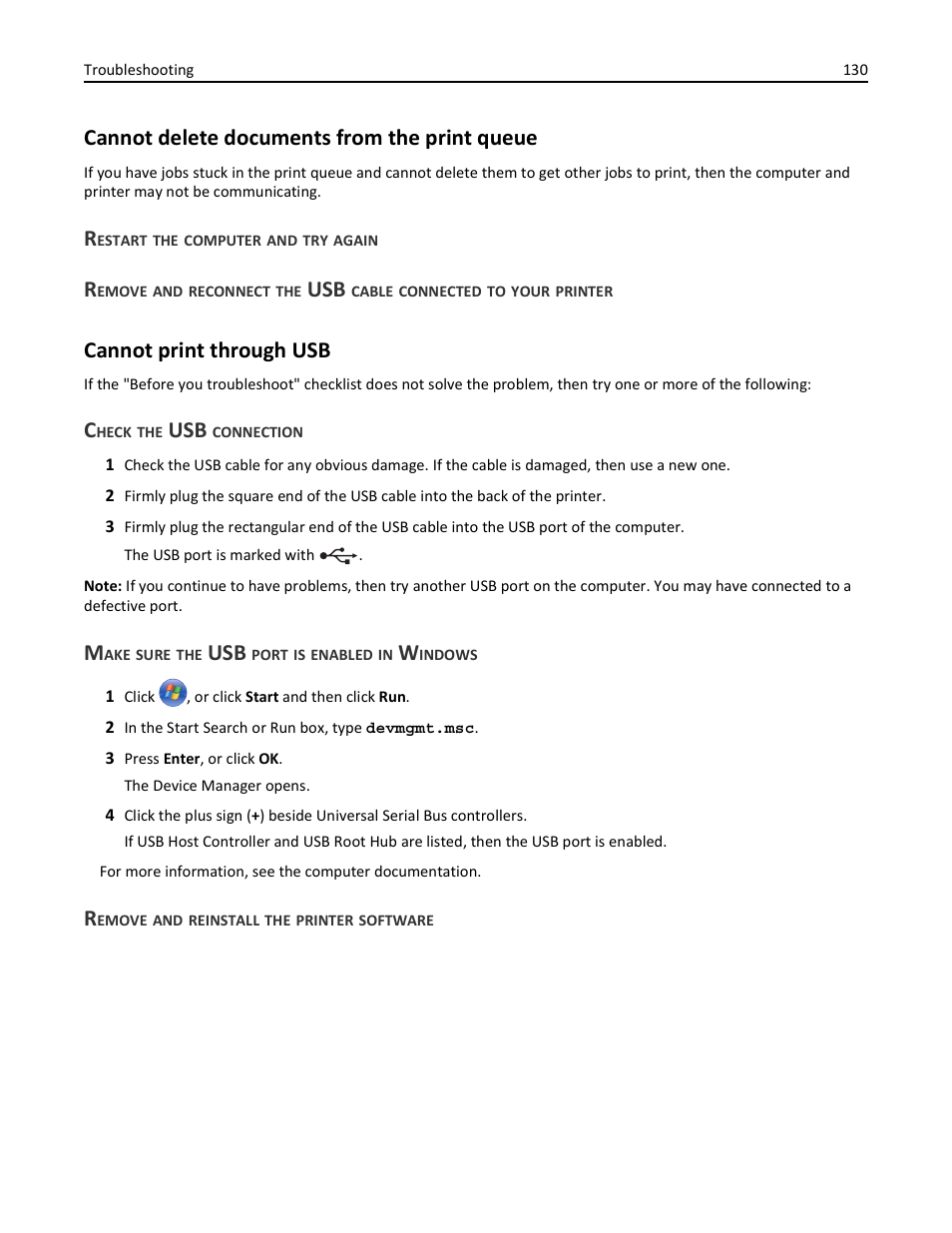 Cannot delete documents from the print queue, Restart the computer and try again, Cannot print through usb | Check the usb connection, Make sure the usb port is enabled in windows, Remove and reinstall the printer software | Lexmark S510 User Manual | Page 130 / 189