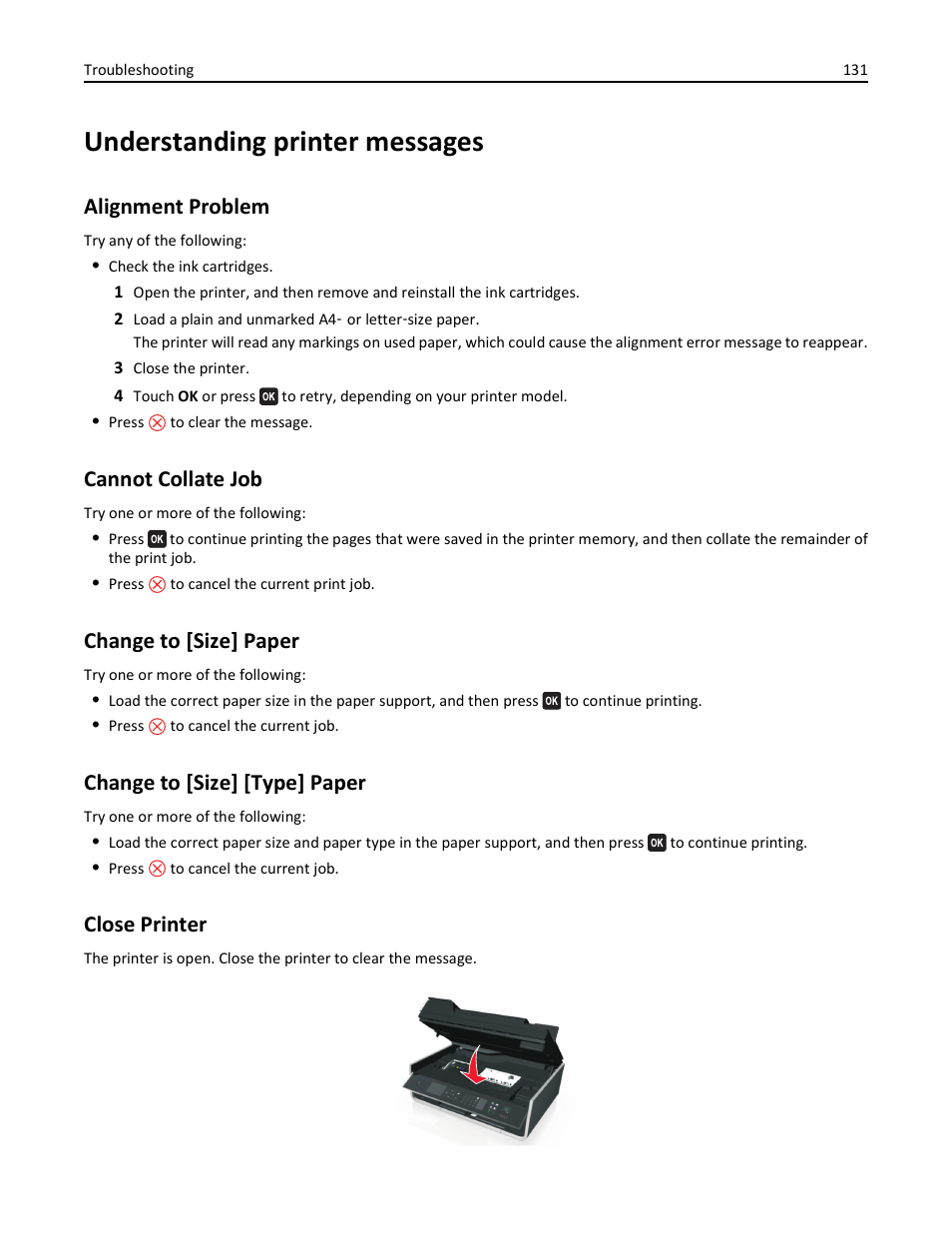 Understanding printer messages, Alignment problem, Cannot collate job | Change to [size] paper, Change to [size] [type] paper, Close printer | Lexmark S510 User Manual | Page 131 / 189