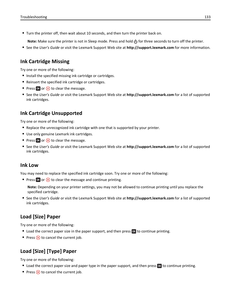 Ink cartridge missing, Ink cartridge unsupported, Ink low | Load [size] paper, Load [size] [type] paper | Lexmark S510 User Manual | Page 133 / 189